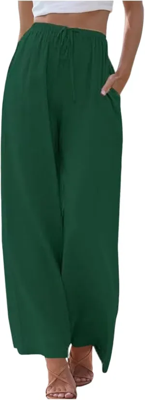 Linen Pants Women Summer Drawstring Elastic Waist Palazzo Trousers Loose Flowy Wide Leg Beach Pants with Pockets