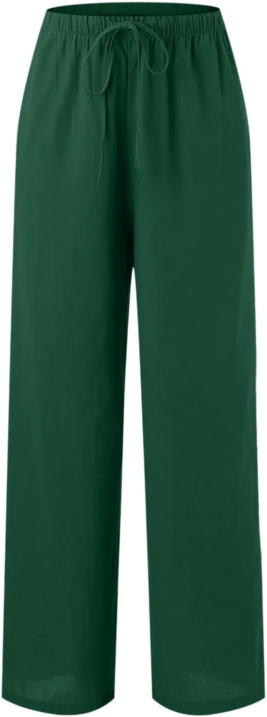 Linen Pants Women Summer Drawstring Elastic Waist Palazzo Trousers Loose Flowy Wide Leg Beach Pants with Pockets