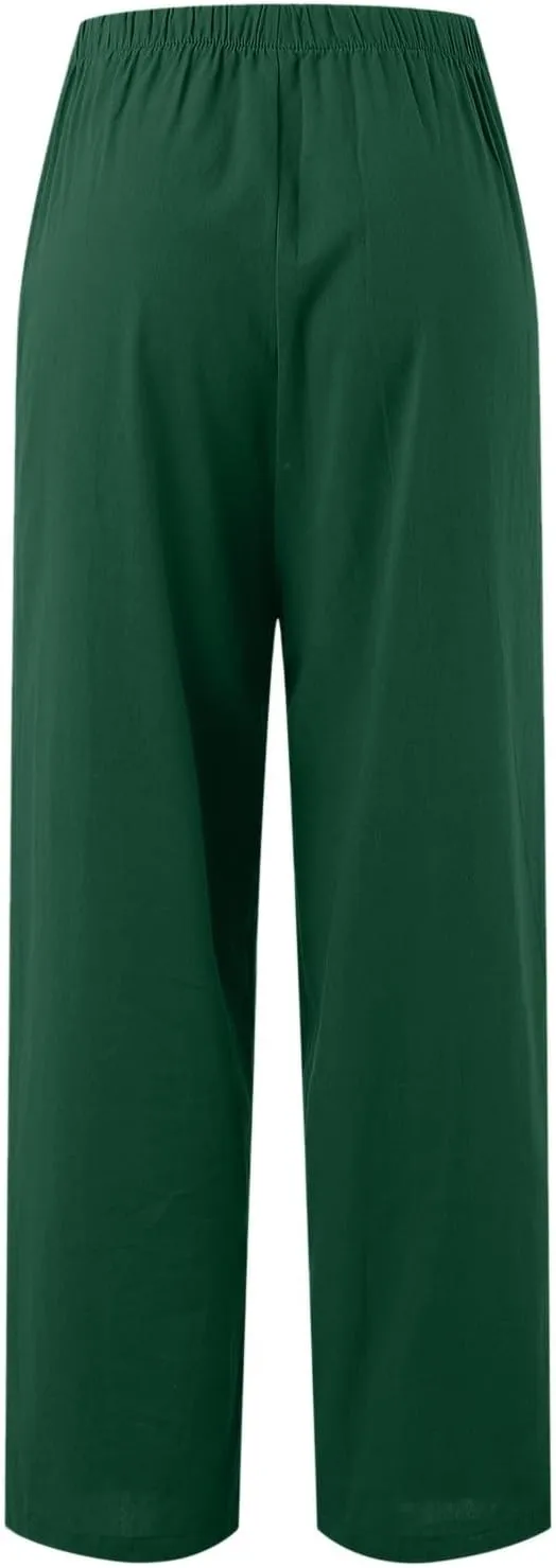 Linen Pants Women Summer Drawstring Elastic Waist Palazzo Trousers Loose Flowy Wide Leg Beach Pants with Pockets