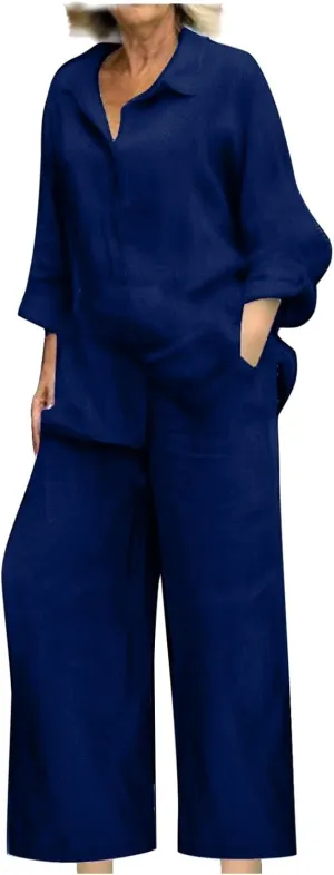 Linen Sets for Women 2 Piece 2025 Long Sleeve Shirts Wide Leg Trousers Loose Fit Dressy Cotton Linen Sets Outfits