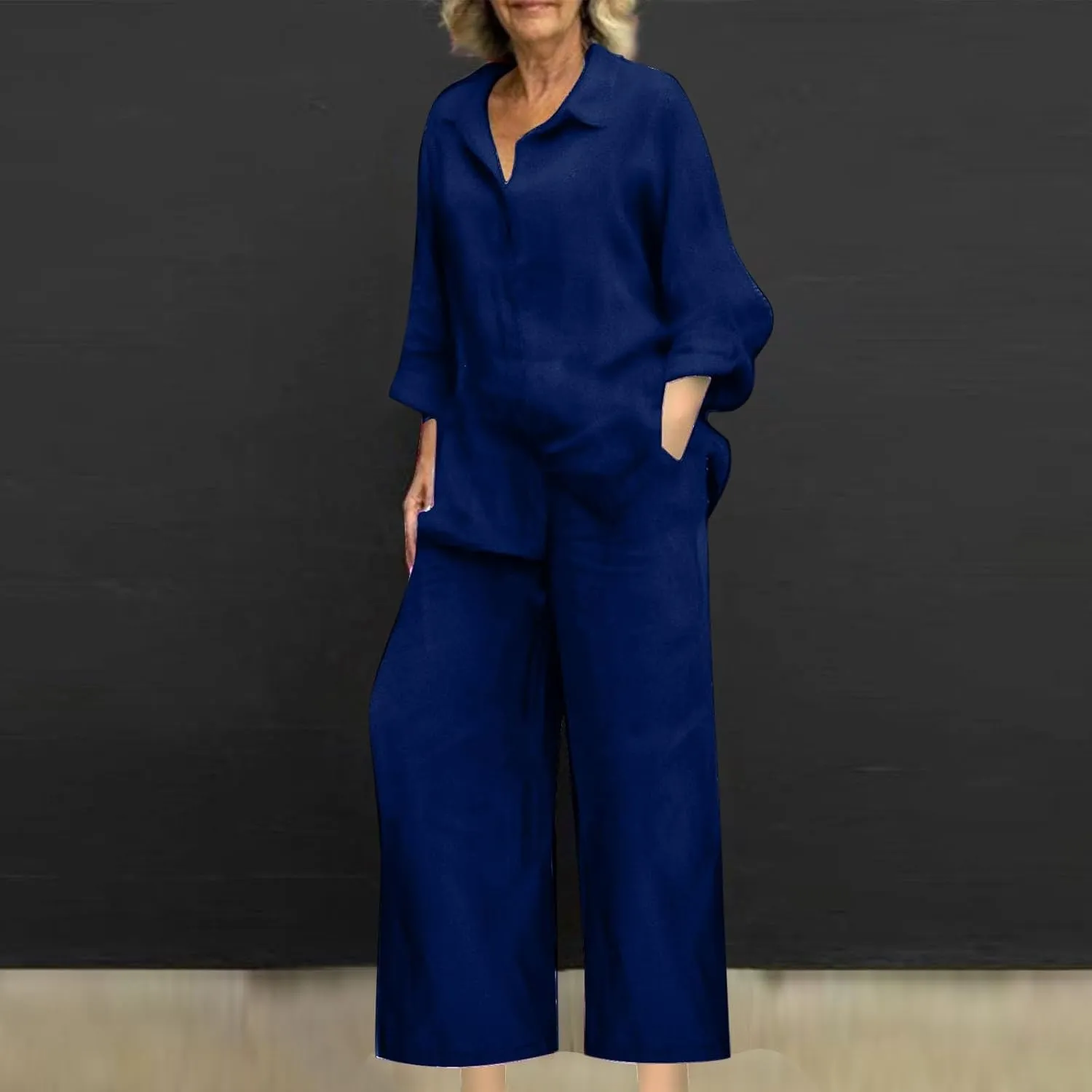 Linen Sets for Women 2 Piece 2025 Long Sleeve Shirts Wide Leg Trousers Loose Fit Dressy Cotton Linen Sets Outfits