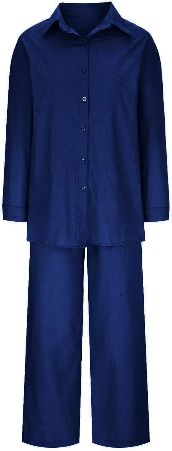 Linen Sets for Women 2 Piece 2025 Long Sleeve Shirts Wide Leg Trousers Loose Fit Dressy Cotton Linen Sets Outfits