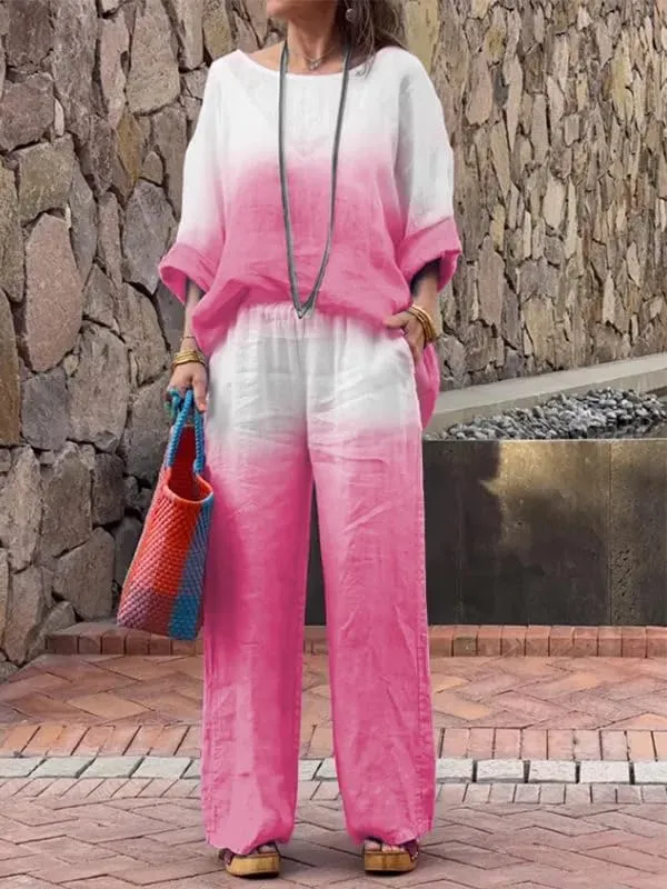 Linen Sets for Women 2 Piece Linen Pants Outfits Casual Long Sleeve Shirts and Wide Leg Pant Linen Suits Plus Size