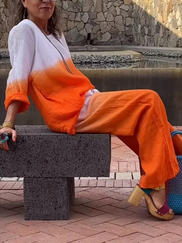 Linen Sets for Women 2 Piece Linen Pants Outfits Casual Long Sleeve Shirts and Wide Leg Pant Linen Suits Plus Size