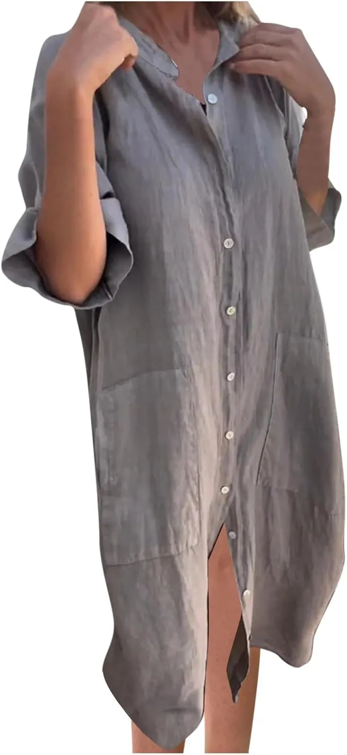 Linen Shirt Dress Women Summer Half Sleeve Lapel Casual Button Down Cotton Tunic Midi Dresses with Pockets Plus Size