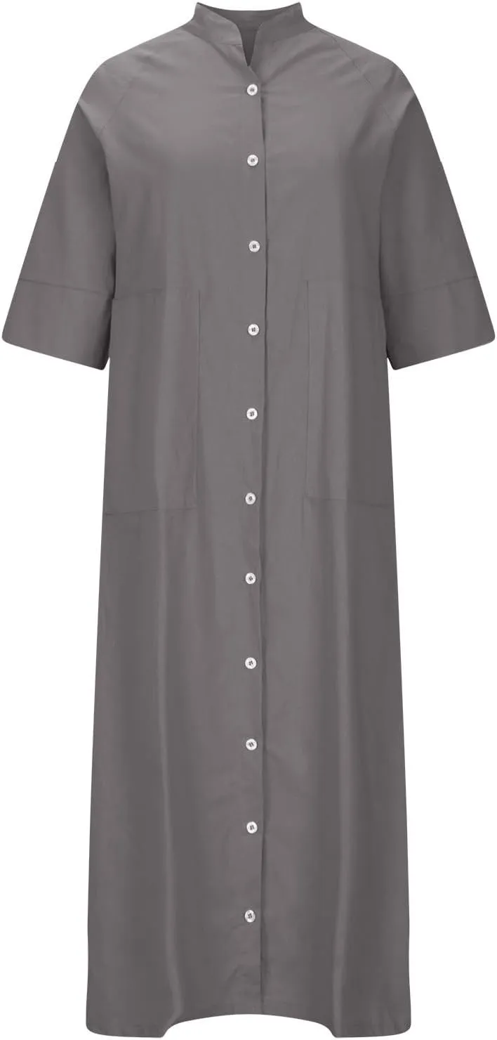 Linen Shirt Dress Women Summer Half Sleeve Lapel Casual Button Down Cotton Tunic Midi Dresses with Pockets Plus Size