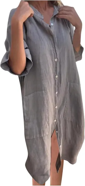 Linen Shirt Dress Women Summer Half Sleeve Lapel Casual Button Down Cotton Tunic Midi Dresses with Pockets Plus Size