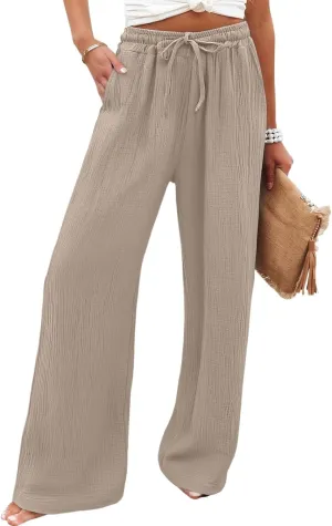 Linen Wide Leg Pants for Women Casual Elastic Waist Loose Fit Flowy Palazzo Pants Comfy Summer Beach Pant with Pockets