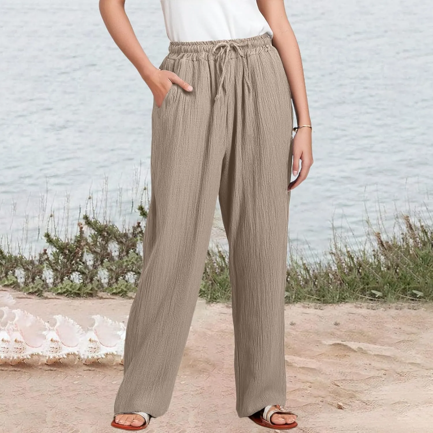 Linen Wide Leg Pants for Women Casual Elastic Waist Loose Fit Flowy Palazzo Pants Comfy Summer Beach Pant with Pockets