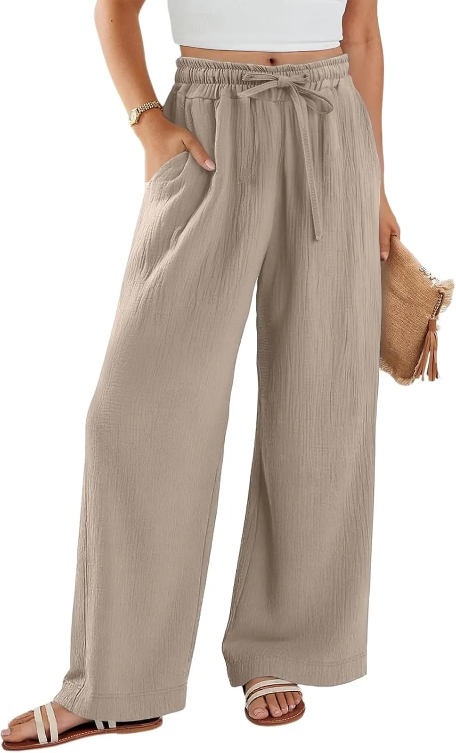 Linen Wide Leg Pants for Women Casual Elastic Waist Loose Fit Flowy Palazzo Pants Comfy Summer Beach Pant with Pockets