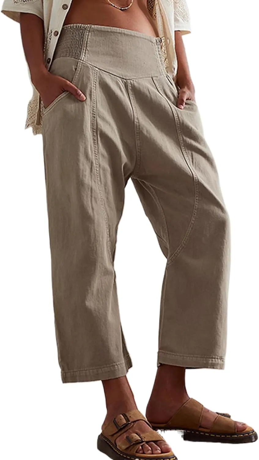 Lisskolo Women's Wide Leg Denim Pants Casual Baggy Cropped Barrel Jeans Mid Waist Loose Fit Harem Pants