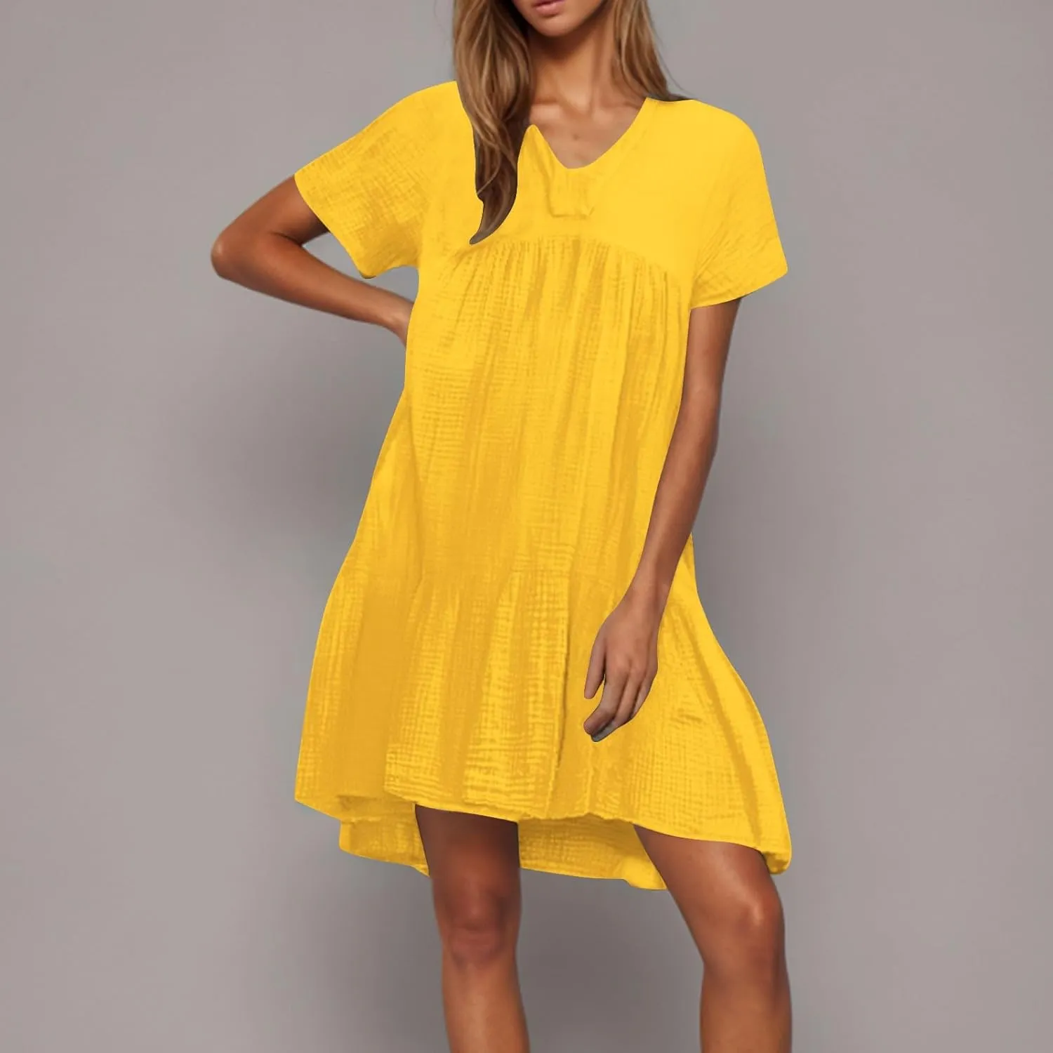 Lmdudan Plus Size Women Babydoll Mini Dress Flowy Ruffle Hem A-Line Dresses Cotton Linen Short Sleeve V Neck Beach Dress