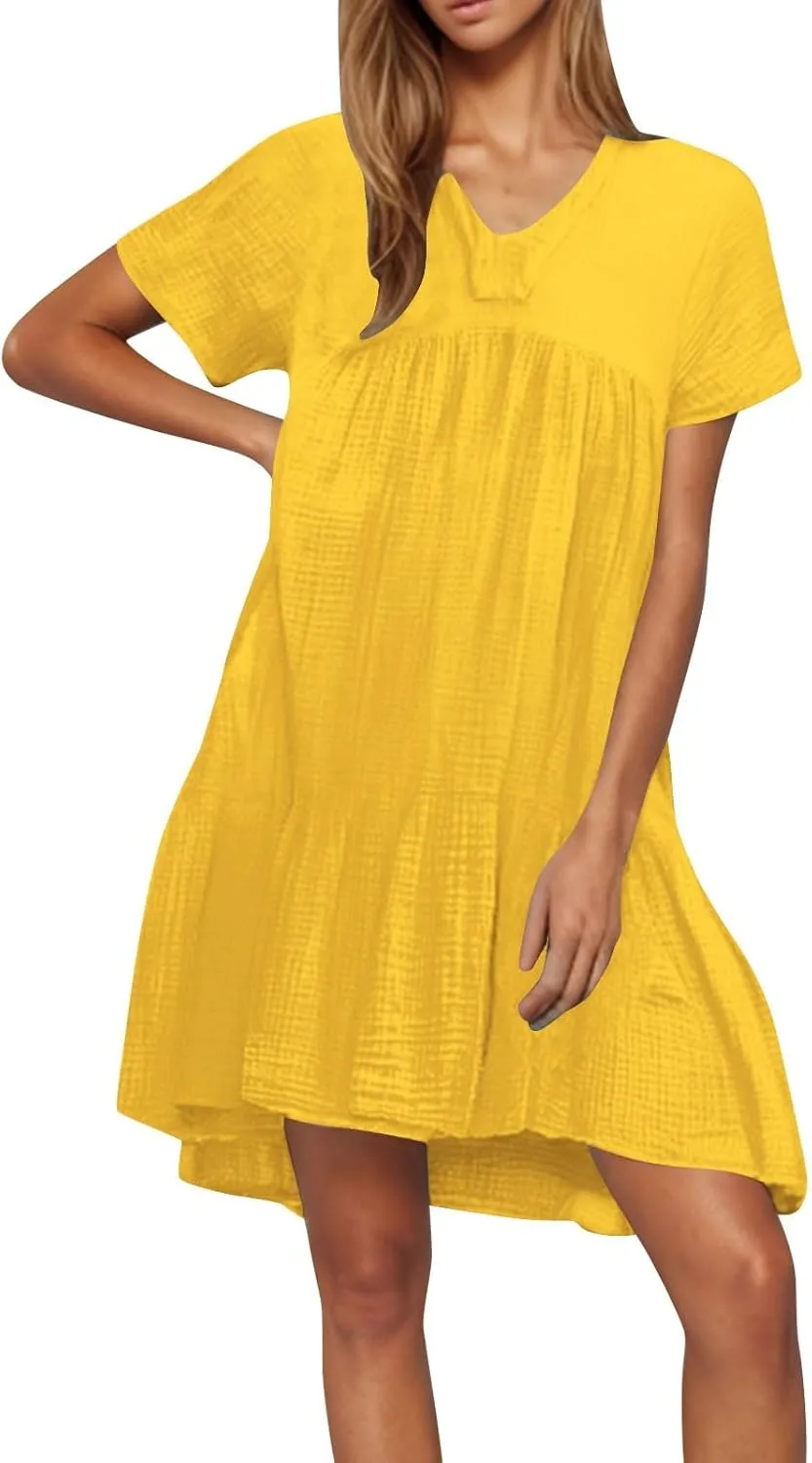 Lmdudan Plus Size Women Babydoll Mini Dress Flowy Ruffle Hem A-Line Dresses Cotton Linen Short Sleeve V Neck Beach Dress