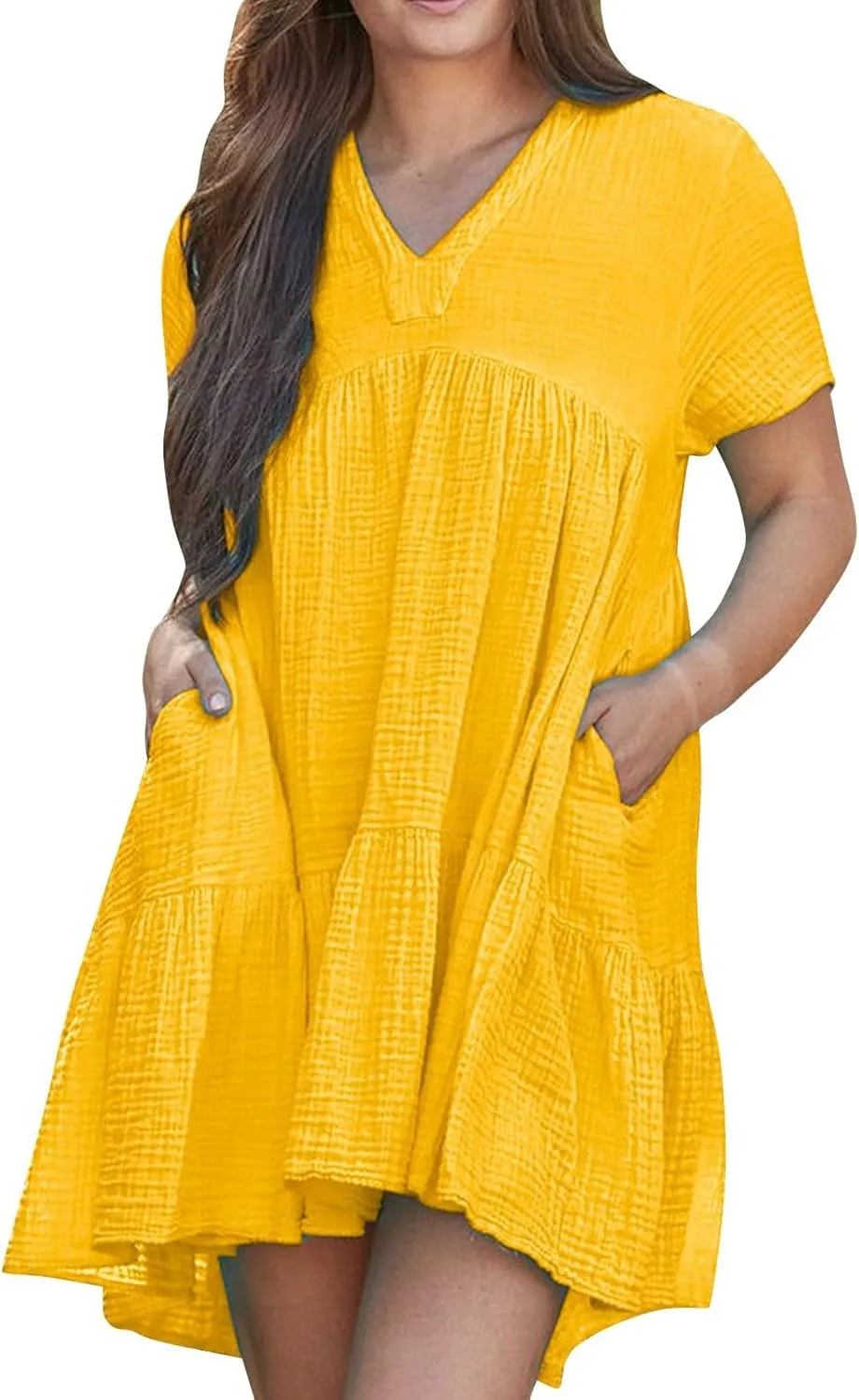 Lmdudan Plus Size Women Babydoll Mini Dress Flowy Ruffle Hem A-Line Dresses Cotton Linen Short Sleeve V Neck Beach Dress