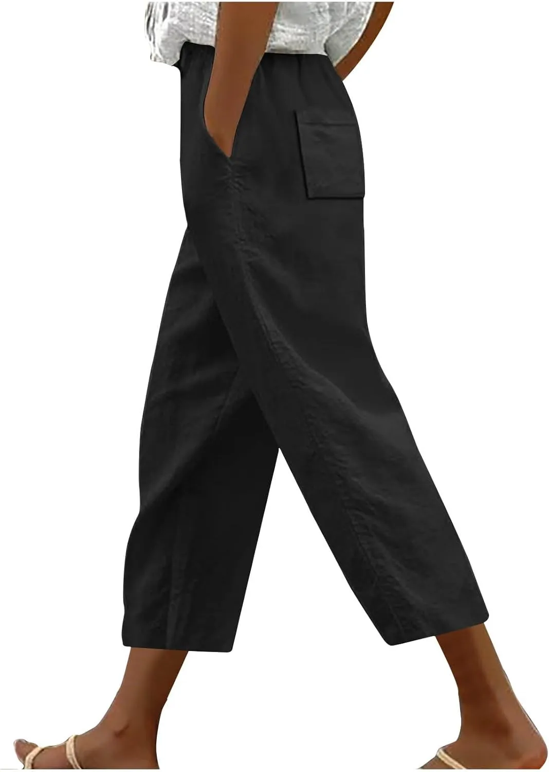 Loose Casual Harlan Pants for Women Drawstring Waist Wide Leg Lounge Pant Summer Casual Cropped Trousers with Pockets