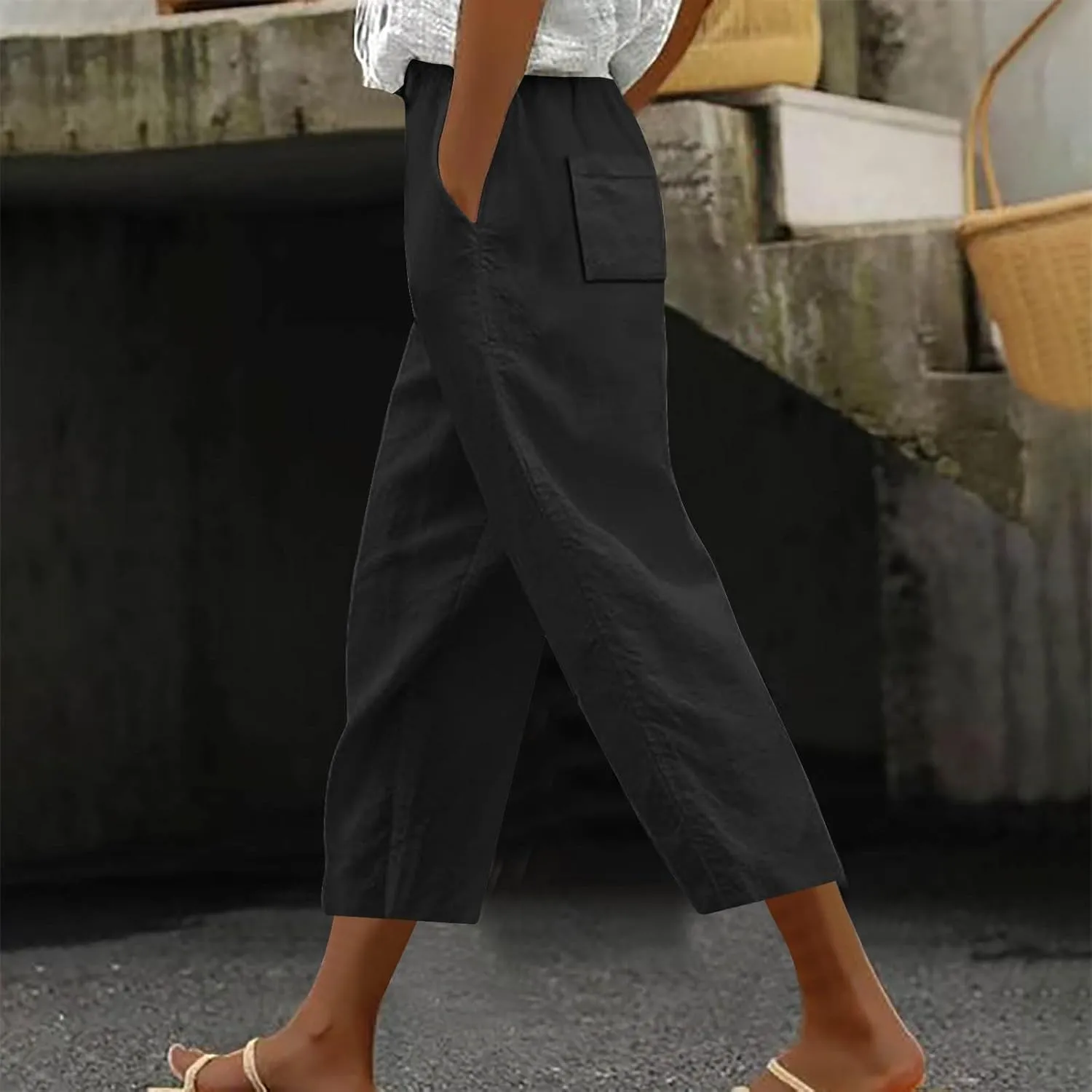 Loose Casual Harlan Pants for Women Drawstring Waist Wide Leg Lounge Pant Summer Casual Cropped Trousers with Pockets