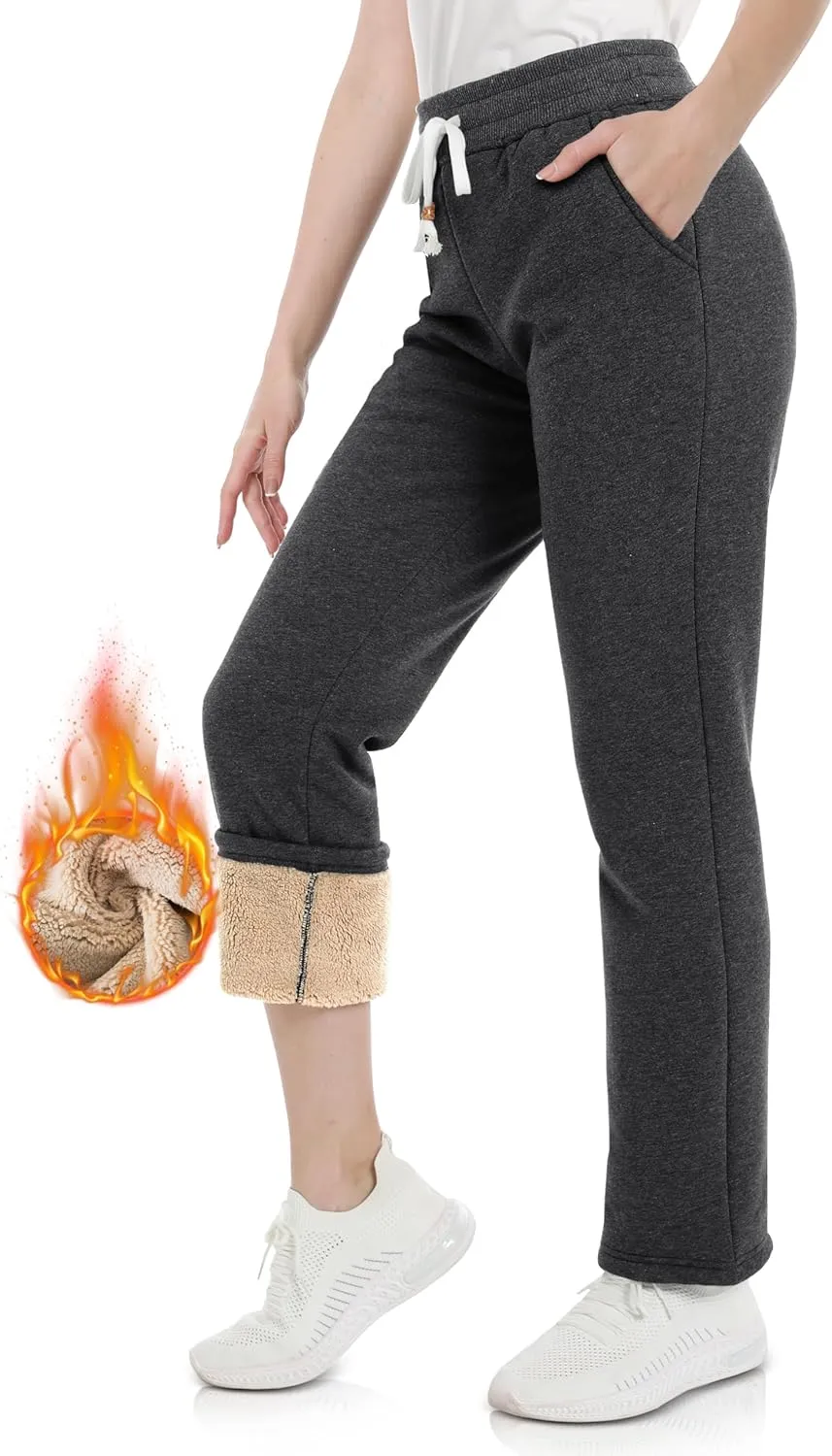 MAGCOMSEN Women's Sherpa Lined Sweatpants with Pockets Warm Thick Fleece Winter Casual Lounge Pants