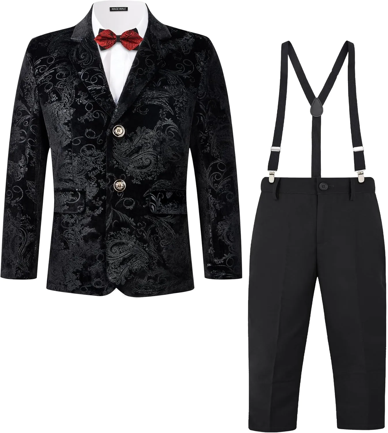 MAGE MALE Boys 3 Pieces Suit Colour Jacquard Slim Fit Jacket Pants Set for Wedding Prom Party Tuxedo with Kids Suspenders