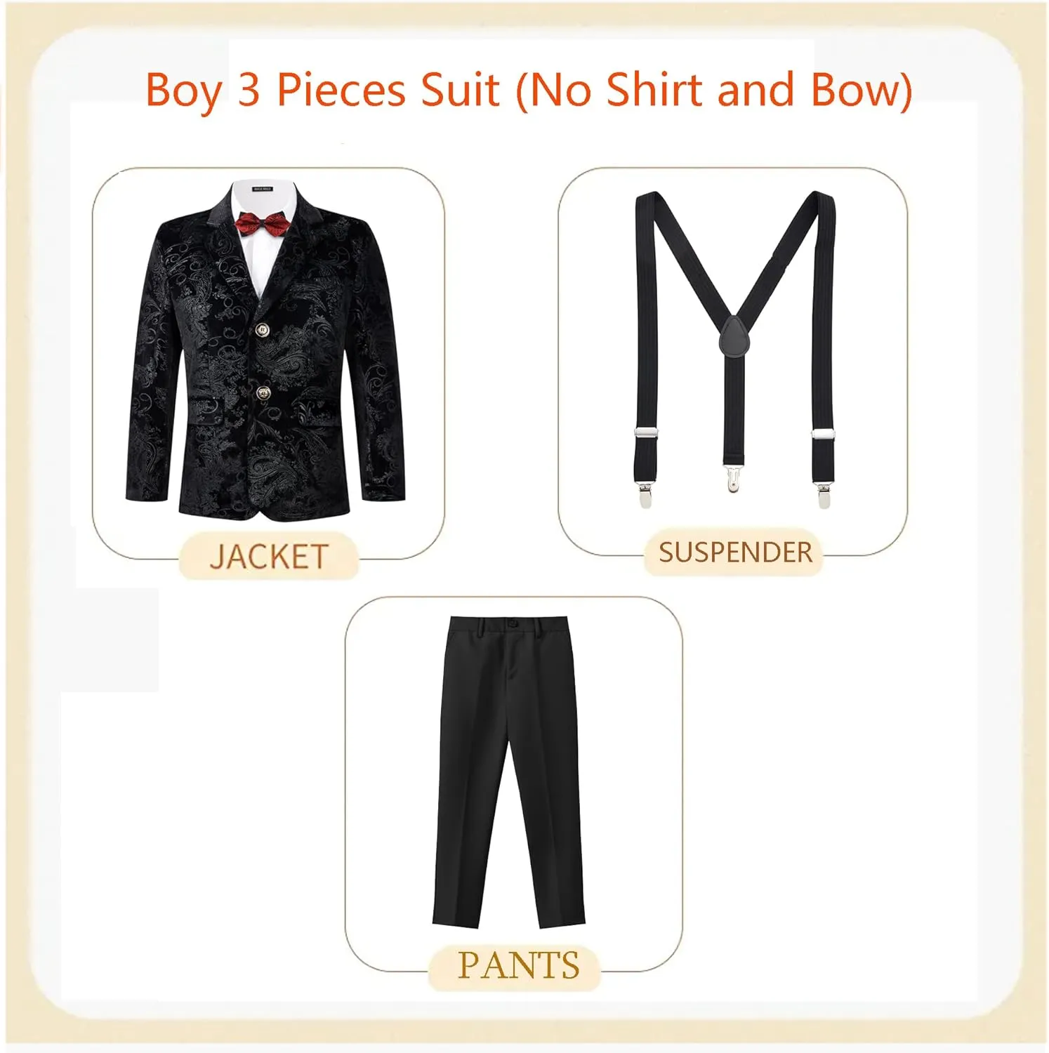 MAGE MALE Boys 3 Pieces Suit Colour Jacquard Slim Fit Jacket Pants Set for Wedding Prom Party Tuxedo with Kids Suspenders