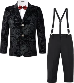 MAGE MALE Boys 3 Pieces Suit Colour Jacquard Slim Fit Jacket Pants Set for Wedding Prom Party Tuxedo with Kids Suspenders