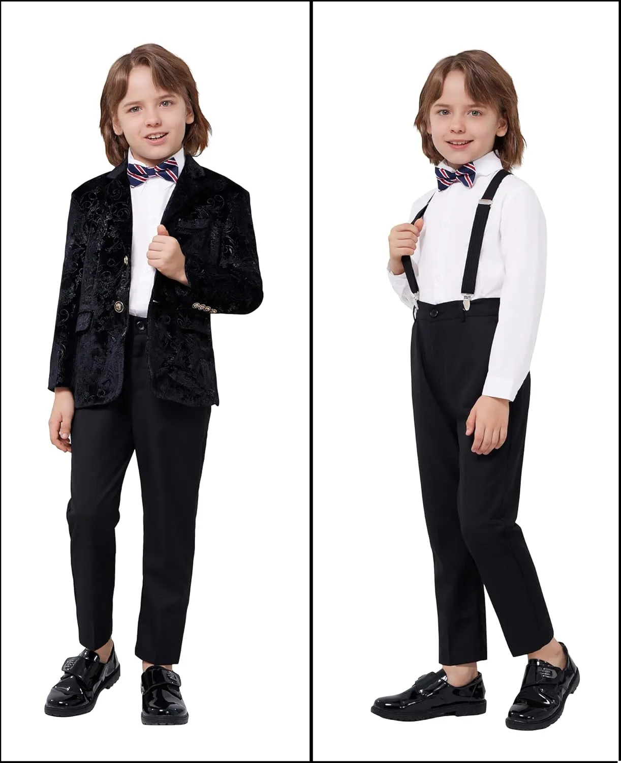 MAGE MALE Boys 3 Pieces Suit Colour Jacquard Slim Fit Jacket Pants Set for Wedding Prom Party Tuxedo with Kids Suspenders