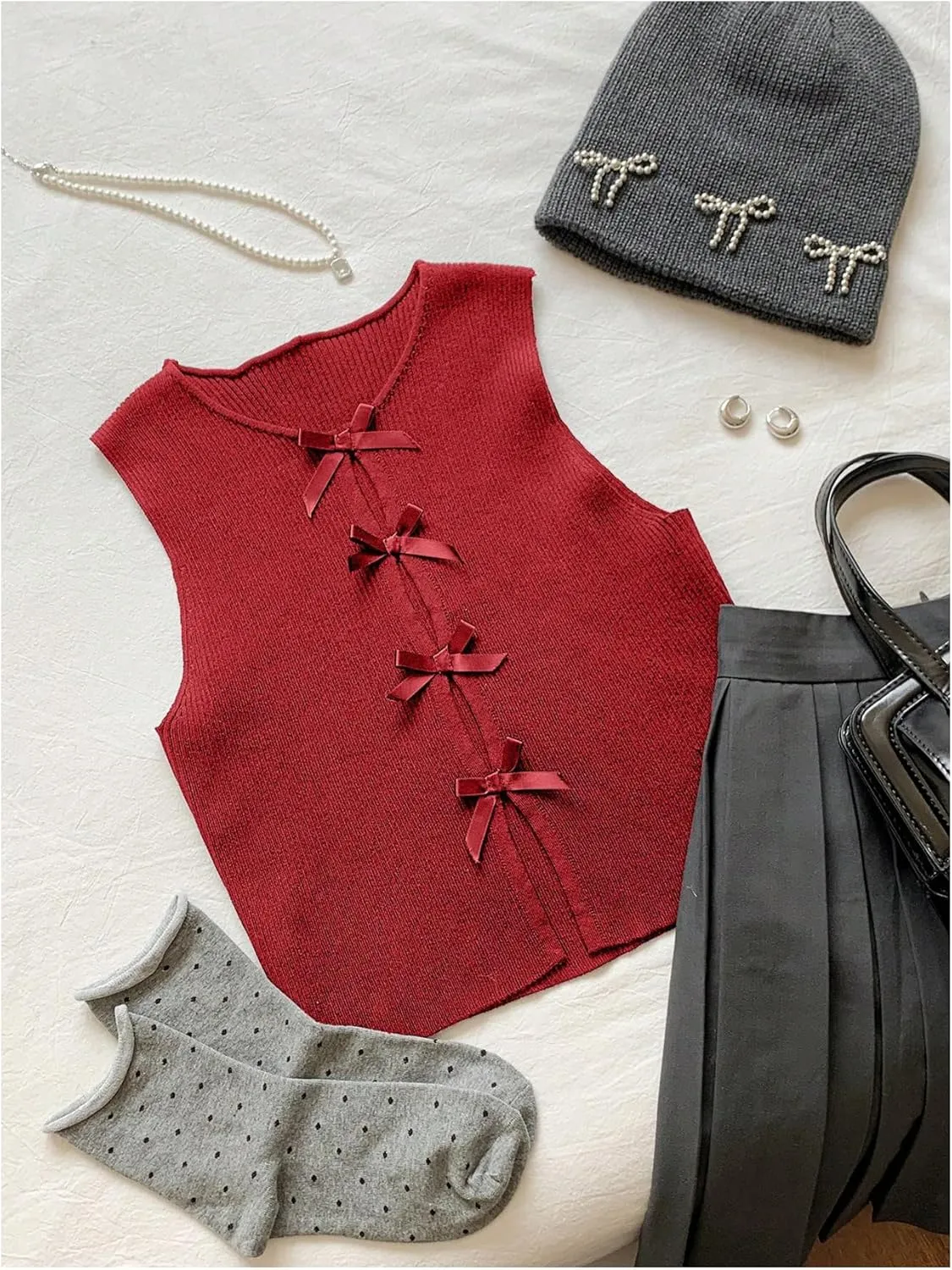 MakeMeChic Women's Bow Knot Sweater Vest Crew Neck Sleeveless Knit Vest Top