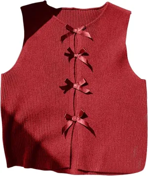 MakeMeChic Women's Bow Knot Sweater Vest Crew Neck Sleeveless Knit Vest Top