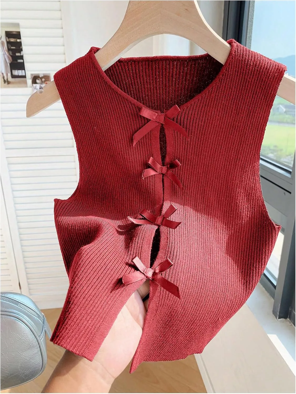 MakeMeChic Women's Bow Knot Sweater Vest Crew Neck Sleeveless Knit Vest Top