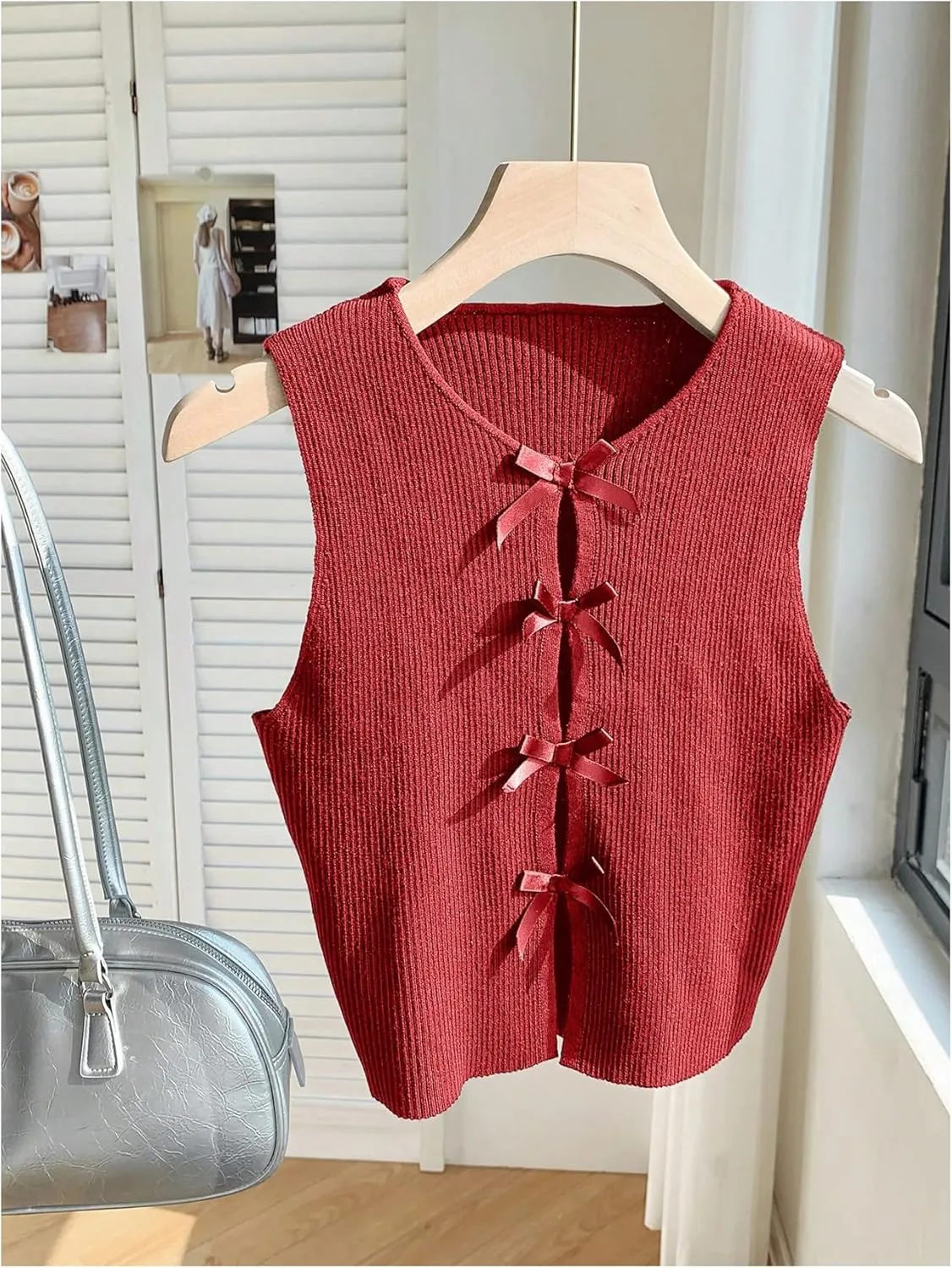MakeMeChic Women's Bow Knot Sweater Vest Crew Neck Sleeveless Knit Vest Top