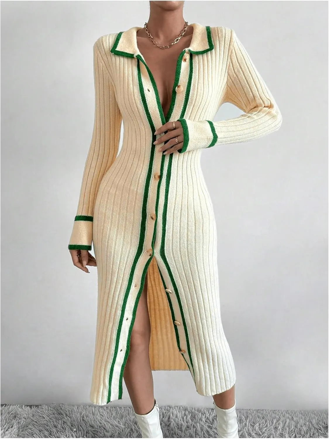 MakeMeChic Women's Contrast Binding Long Sleeve Collared Button Down Rib Knitted Midi Sweater Dress