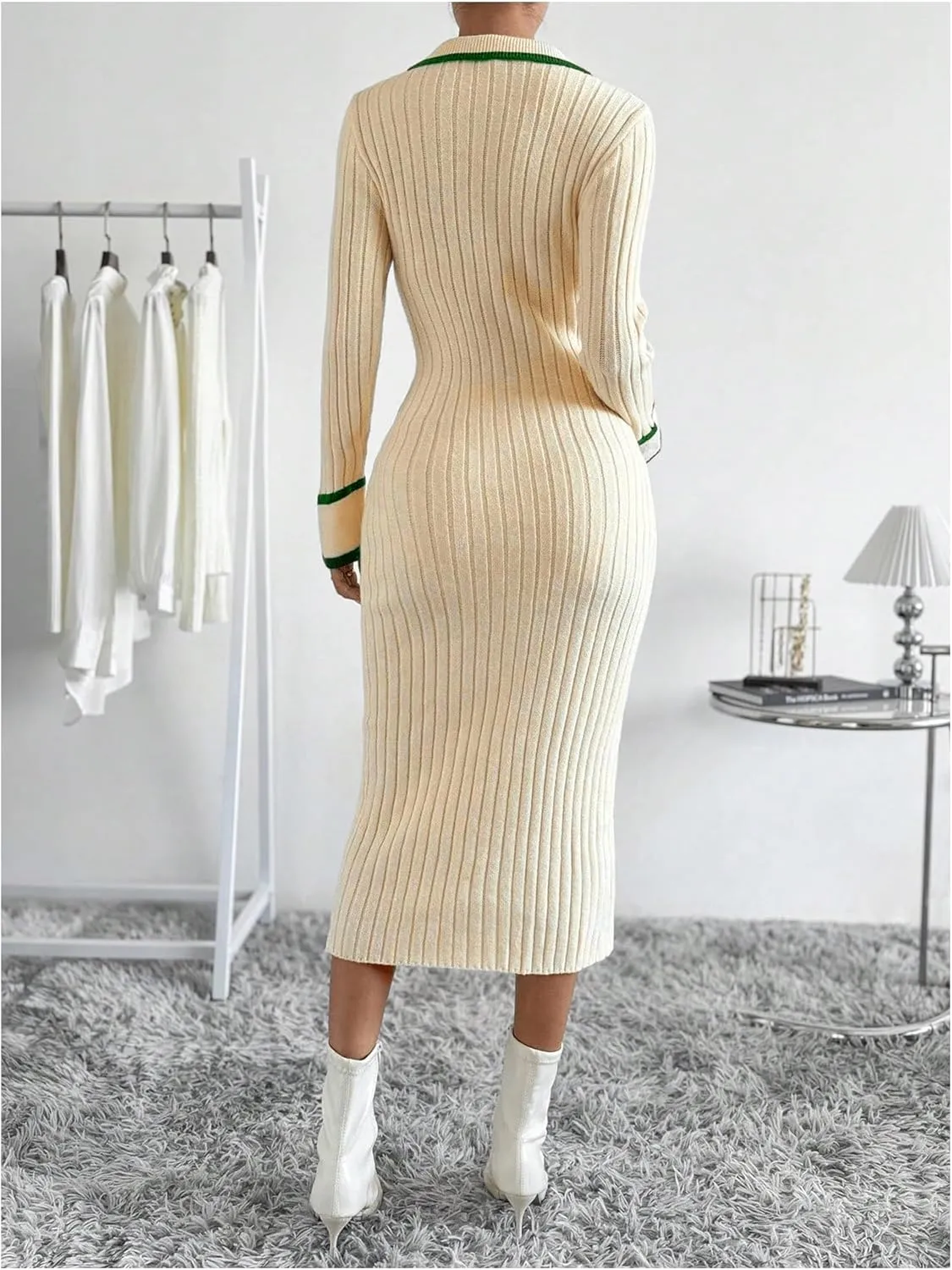 MakeMeChic Women's Contrast Binding Long Sleeve Collared Button Down Rib Knitted Midi Sweater Dress