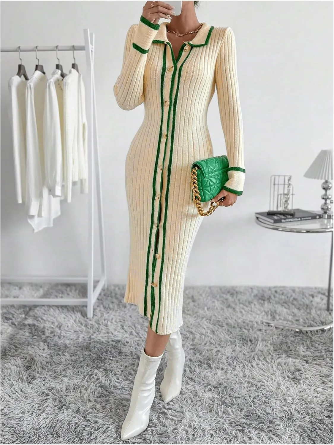 MakeMeChic Women's Contrast Binding Long Sleeve Collared Button Down Rib Knitted Midi Sweater Dress