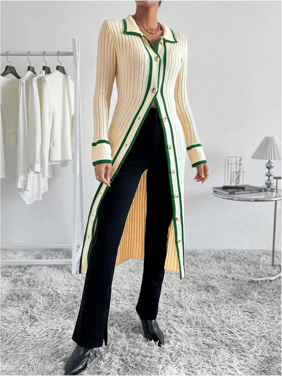 MakeMeChic Women's Contrast Binding Long Sleeve Collared Button Down Rib Knitted Midi Sweater Dress