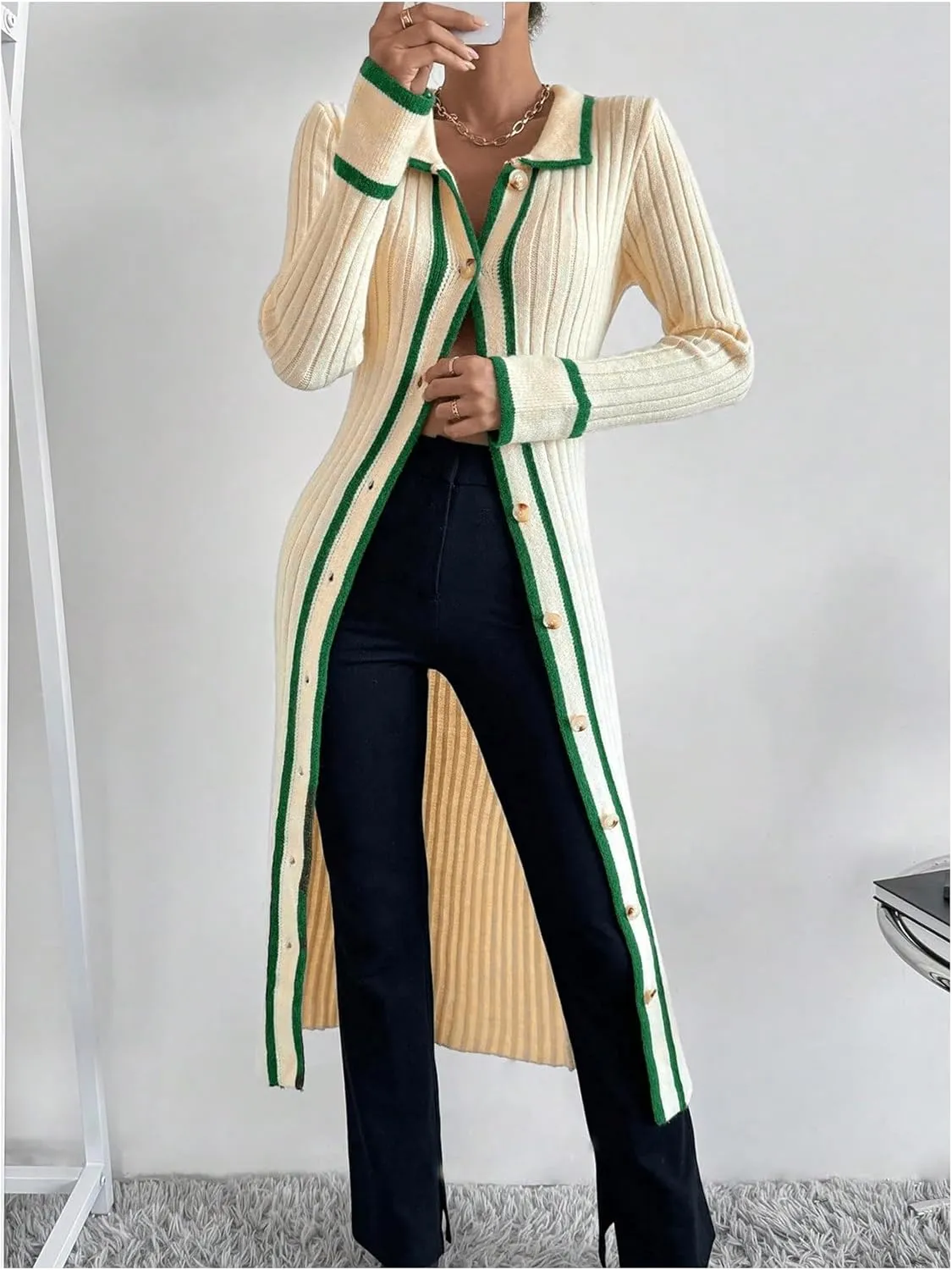 MakeMeChic Women's Contrast Binding Long Sleeve Collared Button Down Rib Knitted Midi Sweater Dress