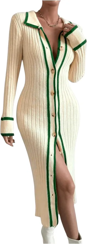 MakeMeChic Women's Contrast Binding Long Sleeve Collared Button Down Rib Knitted Midi Sweater Dress