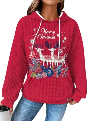 MARSVOVO Christmas Hoodies For Women Waffle Long Sleeve Sweatshirt Novelty Christmas Graphic Pullover Top With Pocket