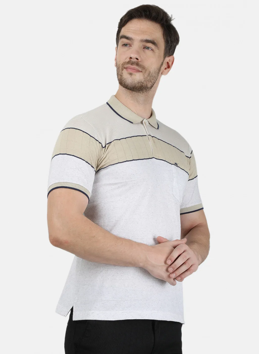 Mens Beige Stripe Collar T-Shirts