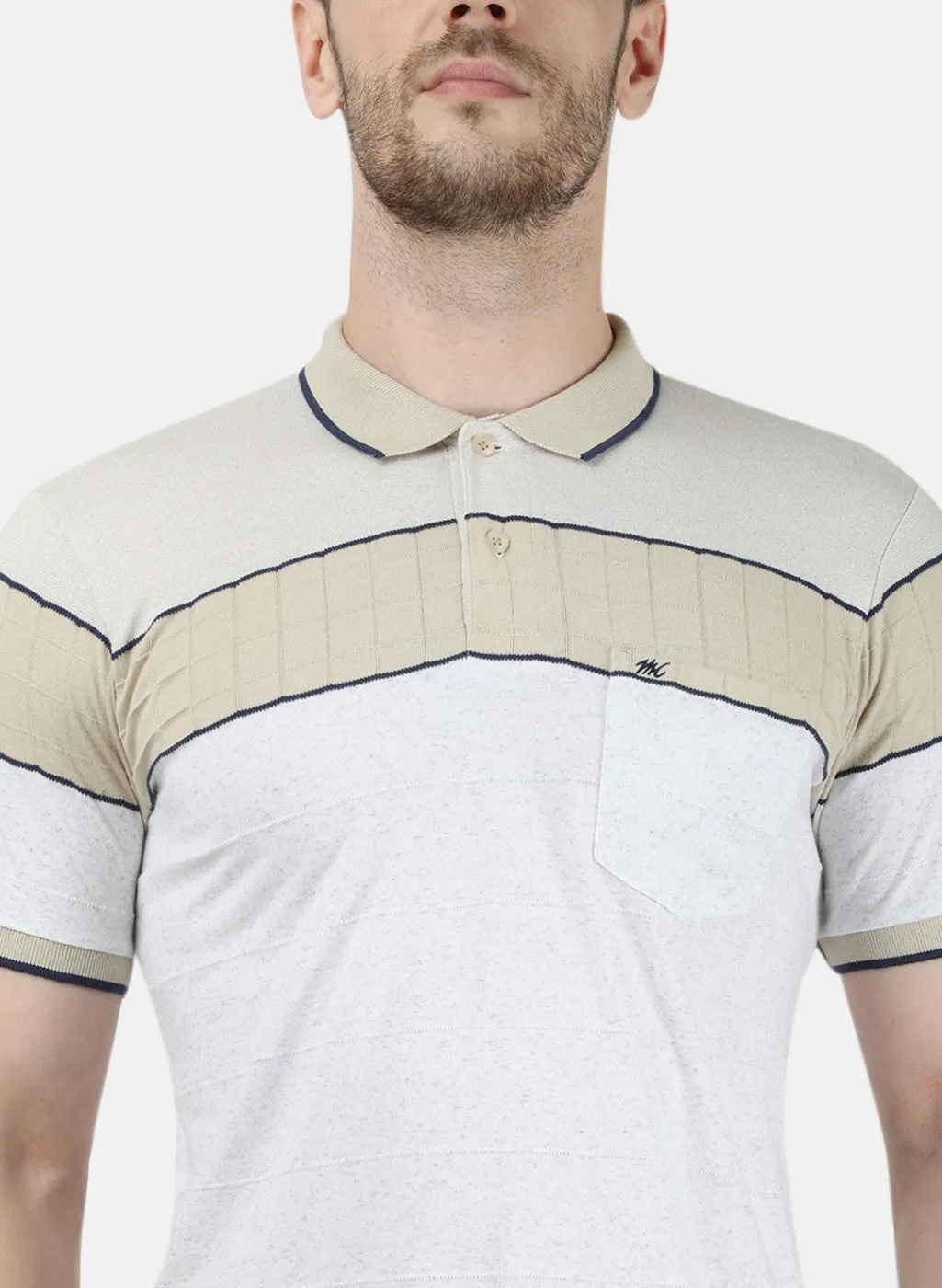 Mens Beige Stripe Collar T-Shirts