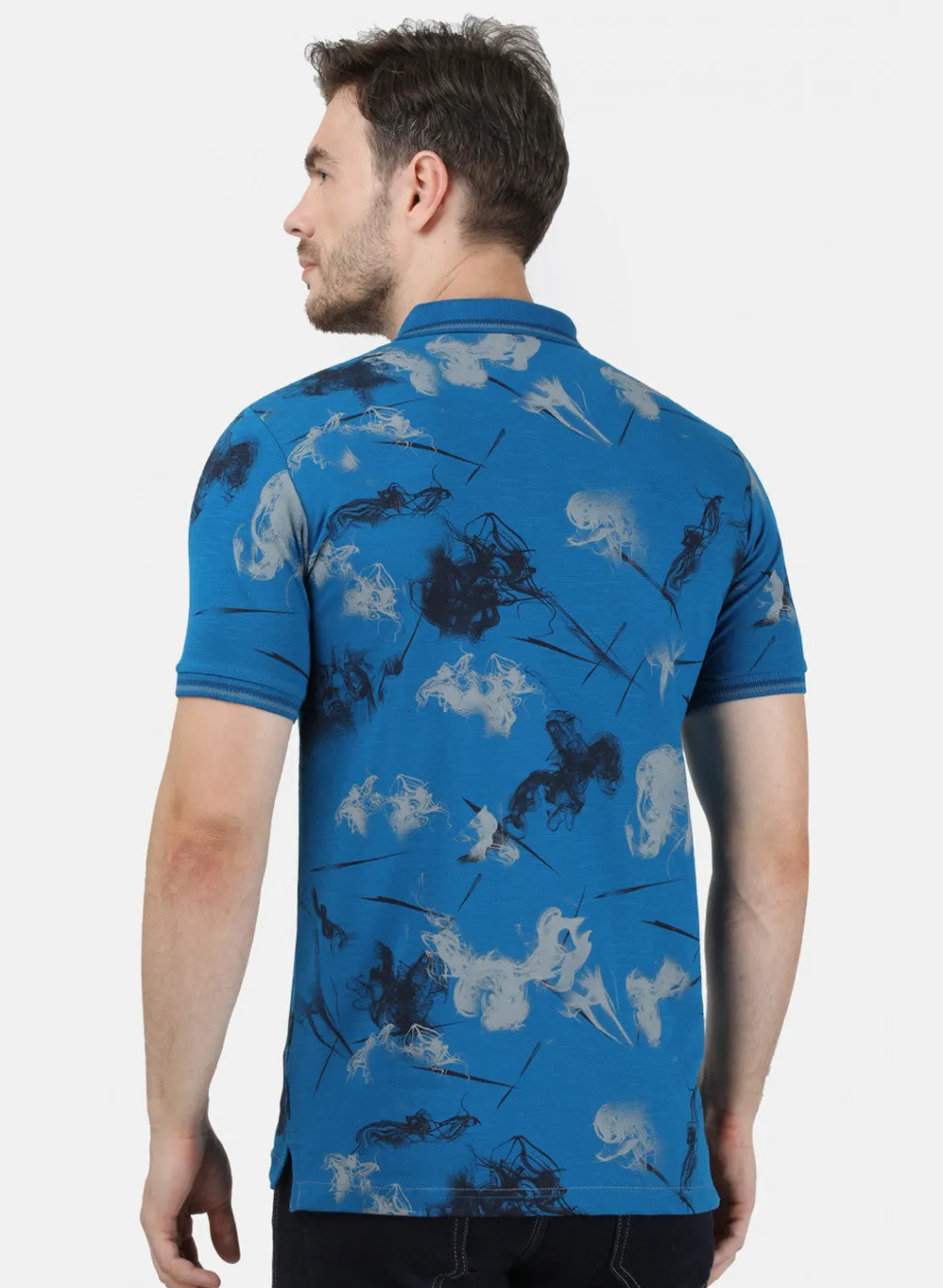 Mens Blue Printed Collar T-Shirts