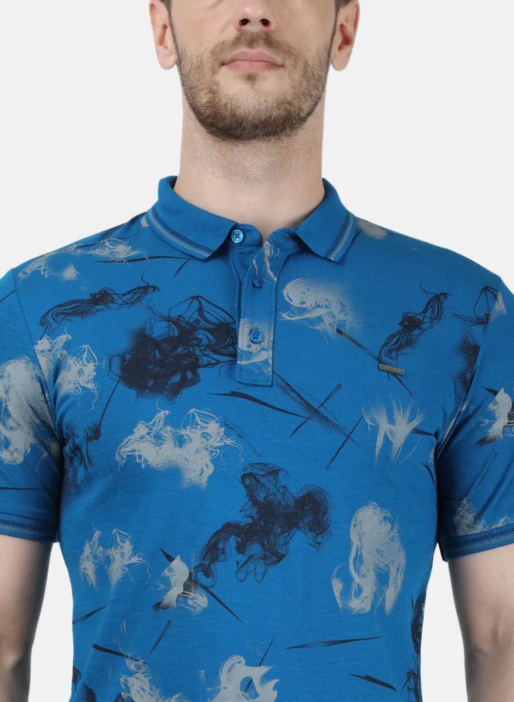 Mens Blue Printed Collar T-Shirts