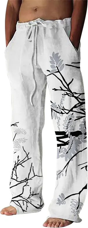 Mens Casual Cotton Linen Pants Fashion Hawaiian Print Trousers Workout Running Joggers Beach Pants Chino Pants
