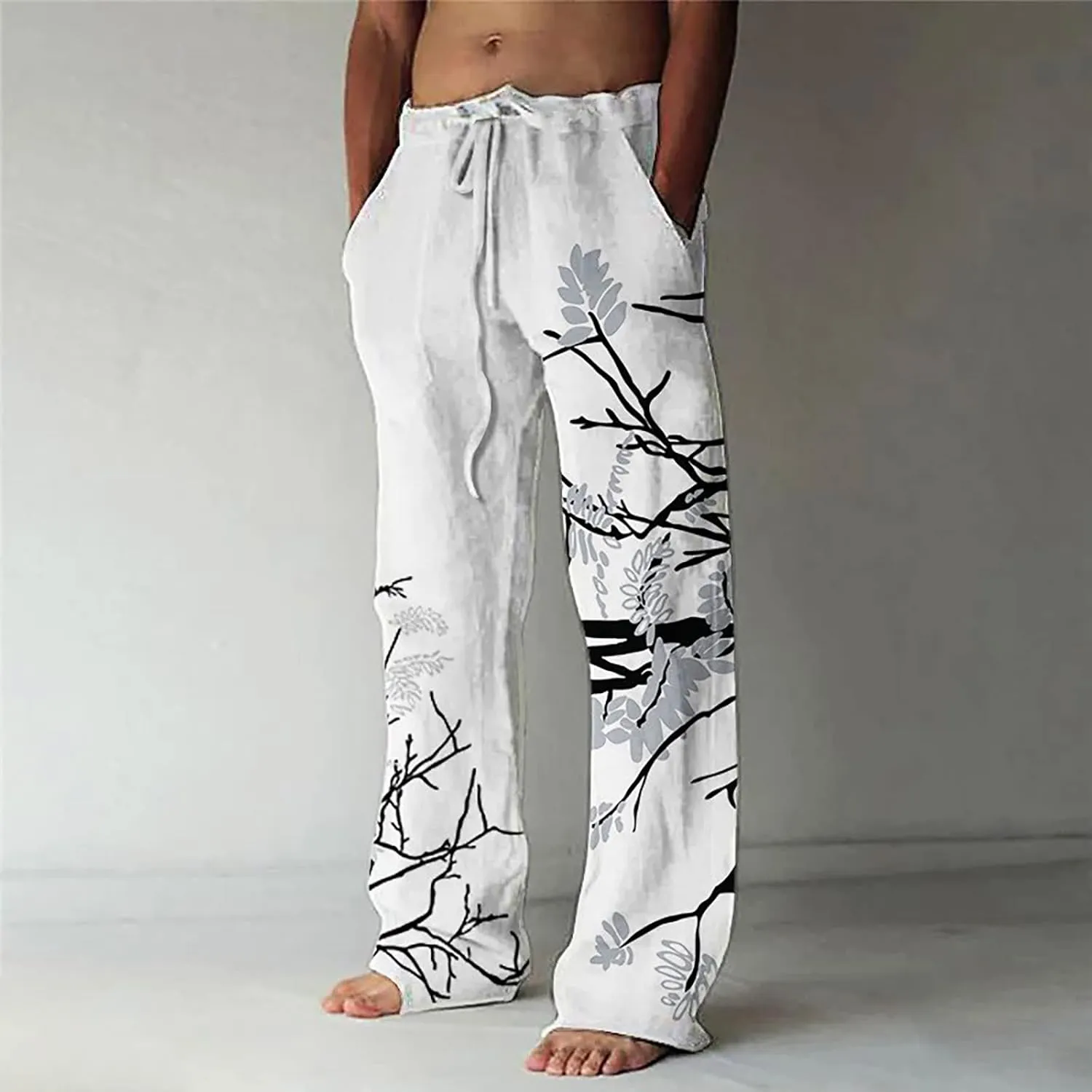 Mens Casual Cotton Linen Pants Fashion Hawaiian Print Trousers Workout Running Joggers Beach Pants Chino Pants