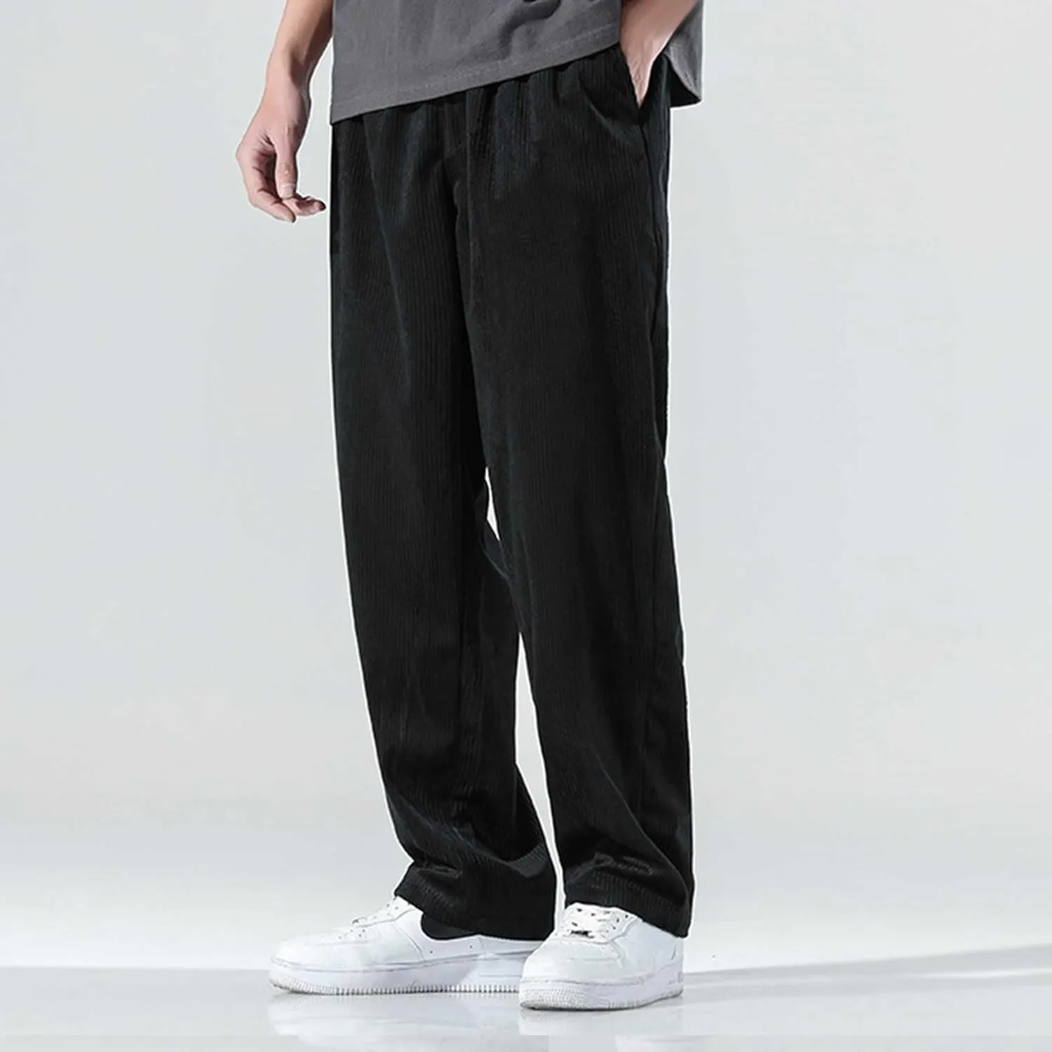 Men's Corduroy Pants Drawstring Elastic Waist Cargo Pants Tapered Jogger Streetwear Sweatpants Trousers with Pockets