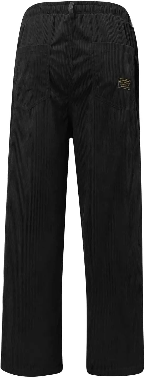 Men's Corduroy Pants Drawstring Elastic Waist Cargo Pants Tapered Jogger Streetwear Sweatpants Trousers with Pockets