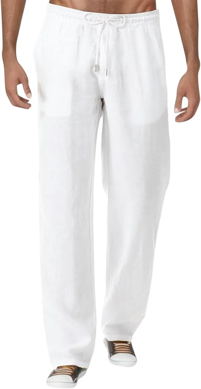 Mens Cotton Linen Pants Lightweight Drawstring Elastic Waist Trousers Loose Fit Hiking Joggers Yoga Beach Pants