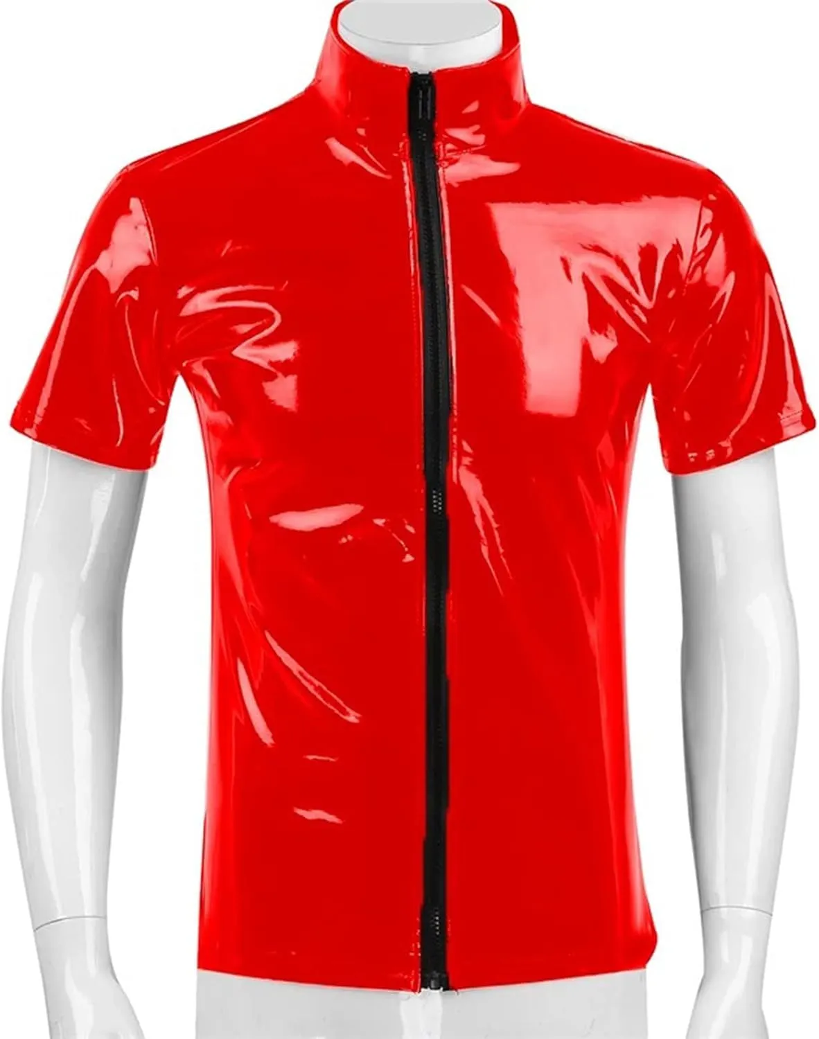 Mens Fashion Casual Solid Color Leather Sexy Coat Sexy Leather Coat Clothes Short Sleeve Zipper Mesh Lingerie