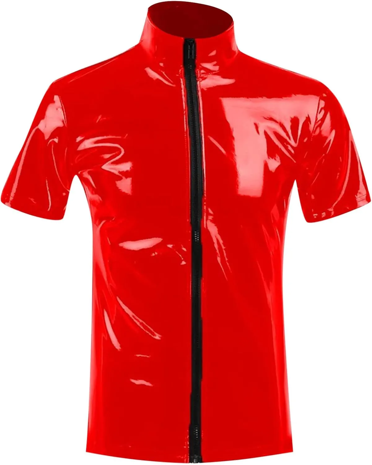 Mens Fashion Casual Solid Color Leather Sexy Coat Sexy Leather Coat Clothes Short Sleeve Zipper Mesh Lingerie