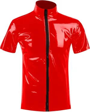 Mens Fashion Casual Solid Color Leather Sexy Coat Sexy Leather Coat Clothes Short Sleeve Zipper Mesh Lingerie