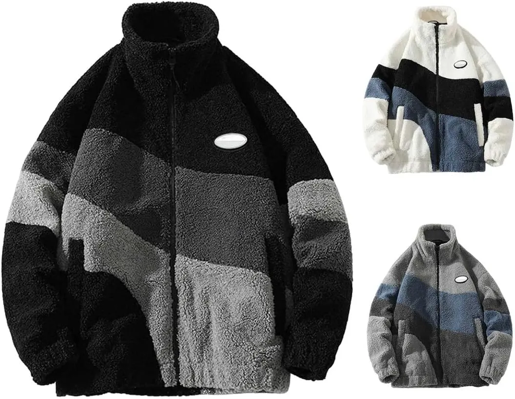 Mens Jacket Casual Contrast Color Warm Fleece Thickened Long Sleeved Cotton-Padded Coat