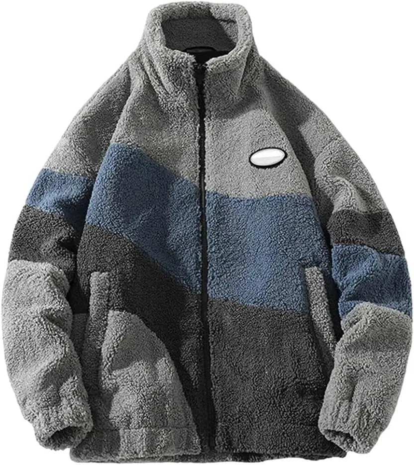 Mens Jacket Casual Contrast Color Warm Fleece Thickened Long Sleeved Cotton-Padded Coat